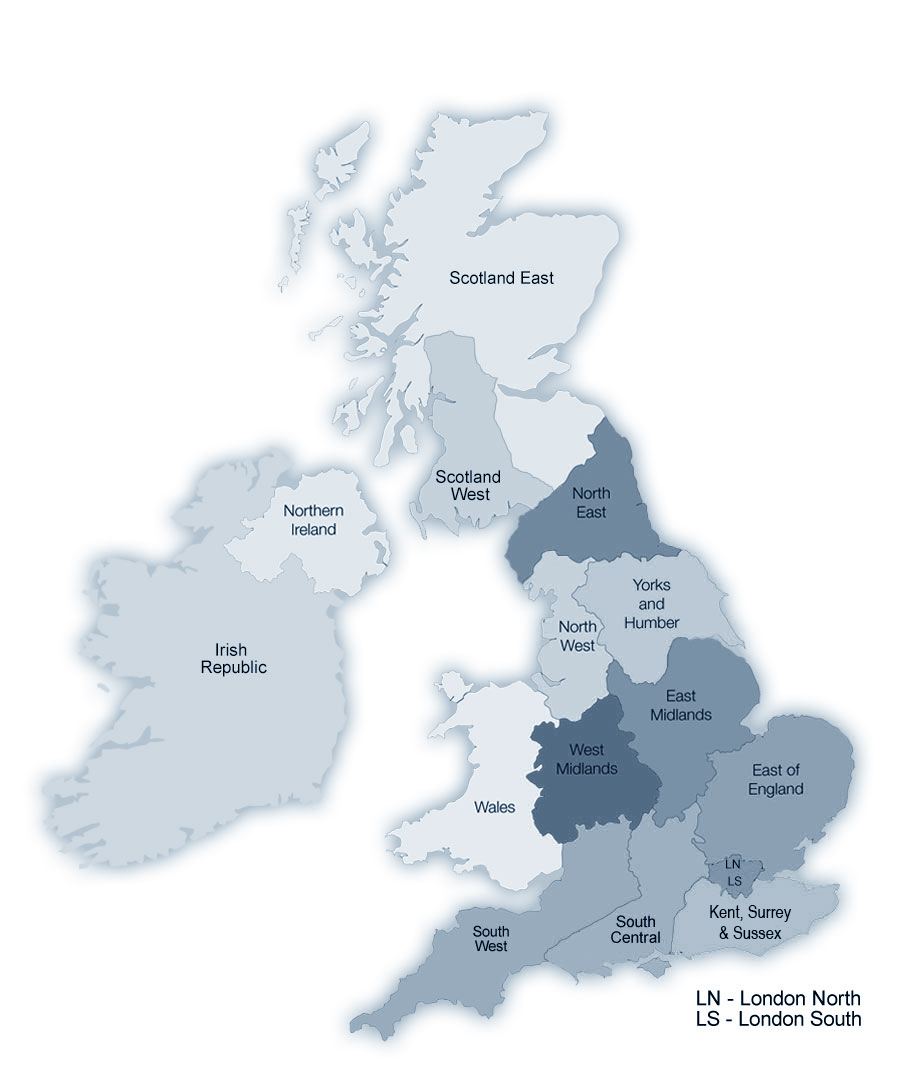 Map showing the regions in Great Britain and Ireland
